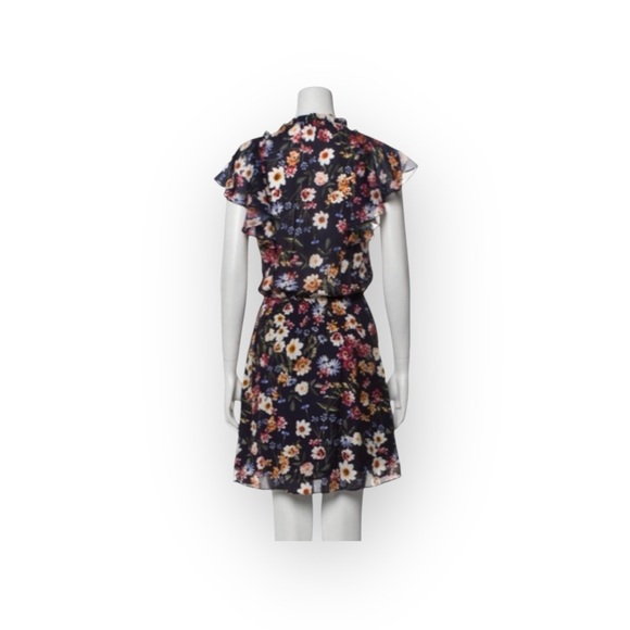 Parker 𑁍 Floral Silk A-Line V Neck Dress 𑁍 Scalloped Ruffles 𑁍 Navy 𑁍 XS 𑁍 - Picture 3 of 16